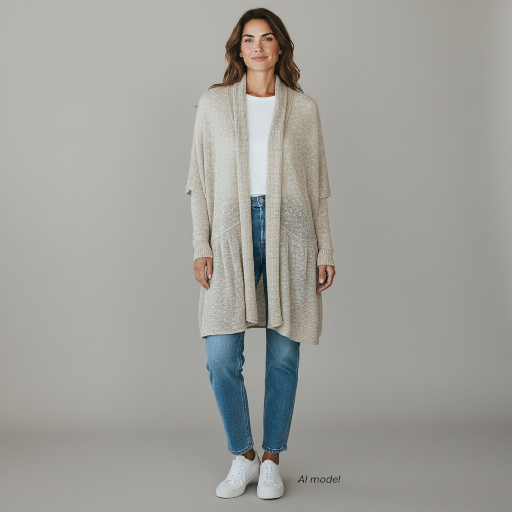 Eileen Fisher Sweater Womens 2X Oatmeal Linen Cotton Shawl Neck Open Cardigan